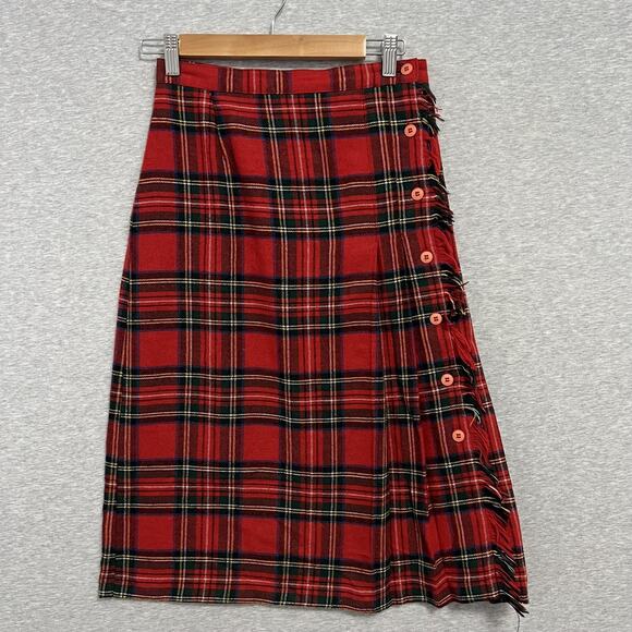 Vintage Kilt Plaid Skirt Womens Size 9 26W Red Tartan Button Wrap Wool Blend 90s - Picture 1 of 12